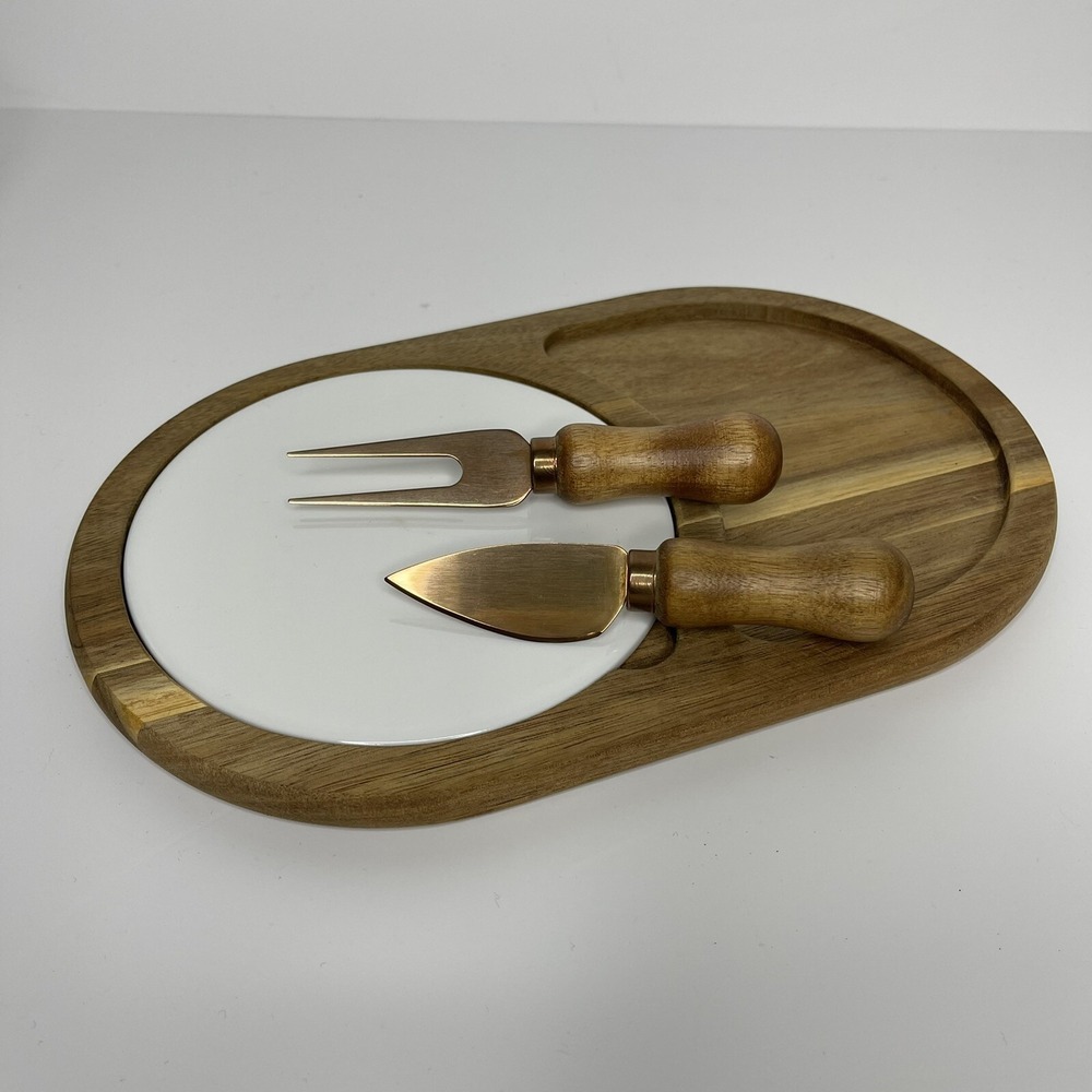 Wooden Cheese Board w/ Ceramic Center and Knife Fork Copper
